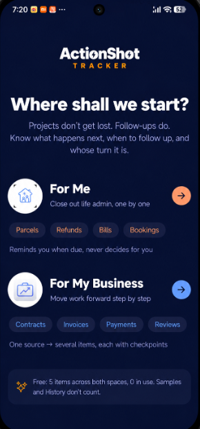 Choose For Me or For My Business in ActionShot Tracker