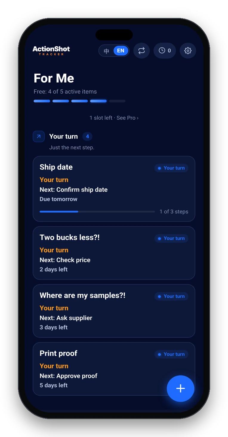 ActionShot Tracker follow-up home sorted by Your turn, Waiting on them, and Gone quiet